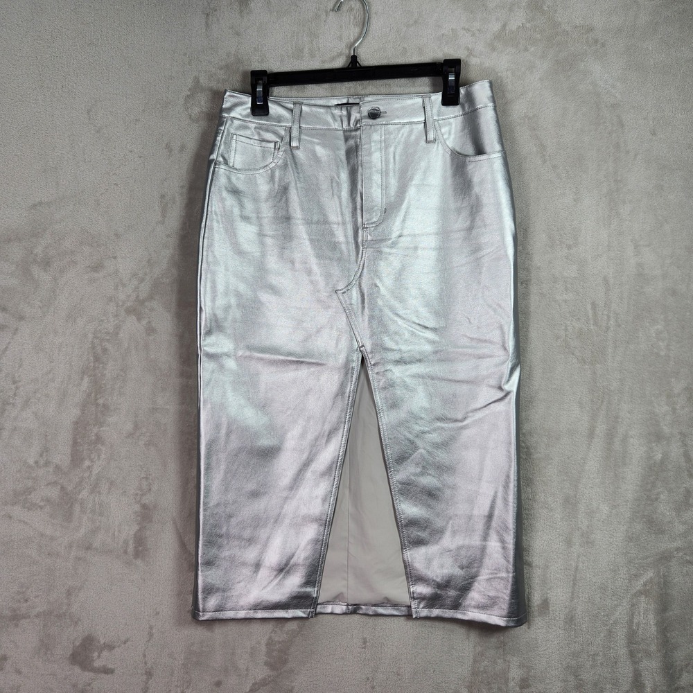 Sanctuary Skirt Womens 29‎ Silver Metallic Faux Leather Midi Front Slit Pencil